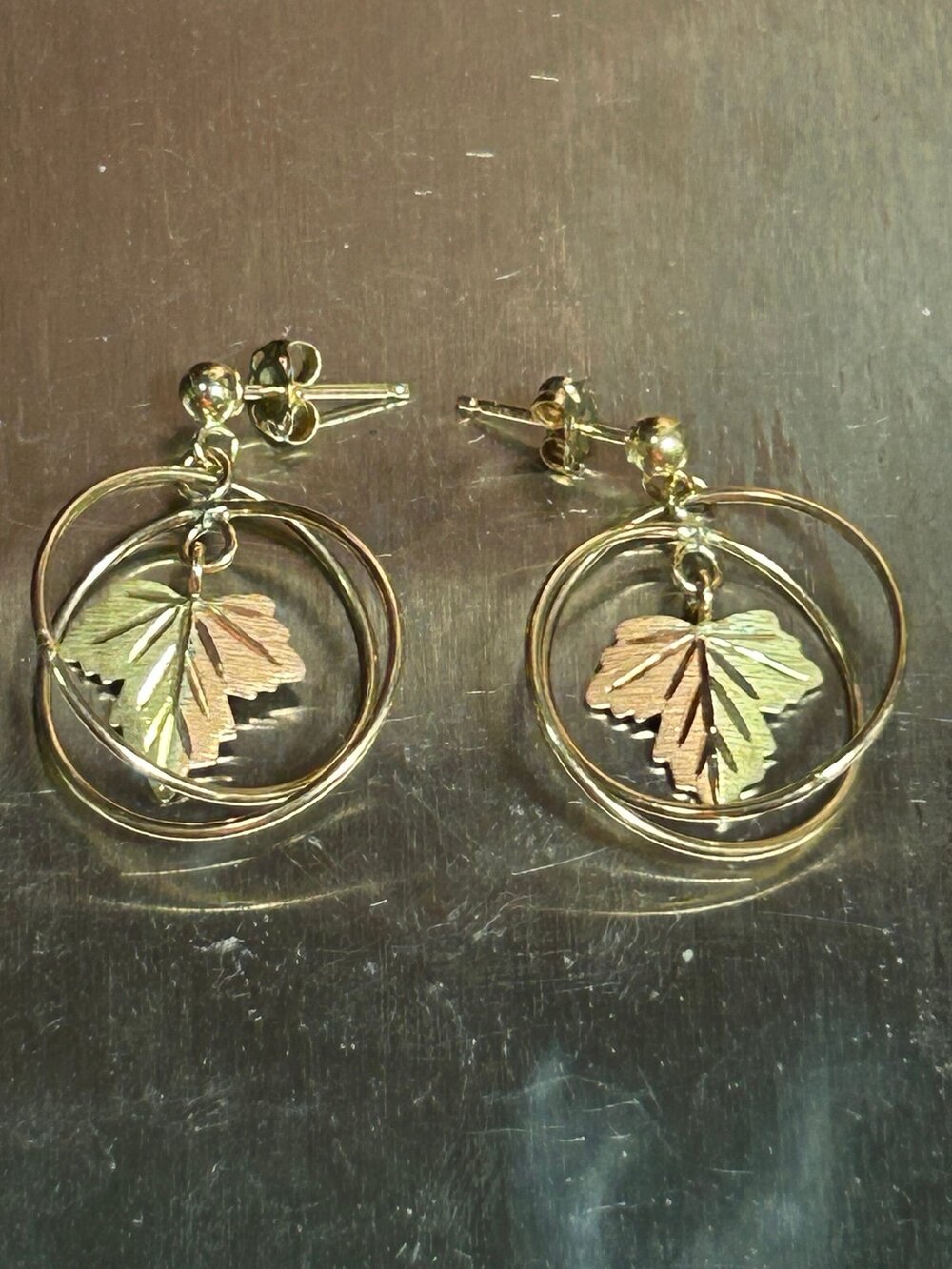 Vintage 14k yellow gold& 10k white gold rose gold leaf drop dangle post earrings